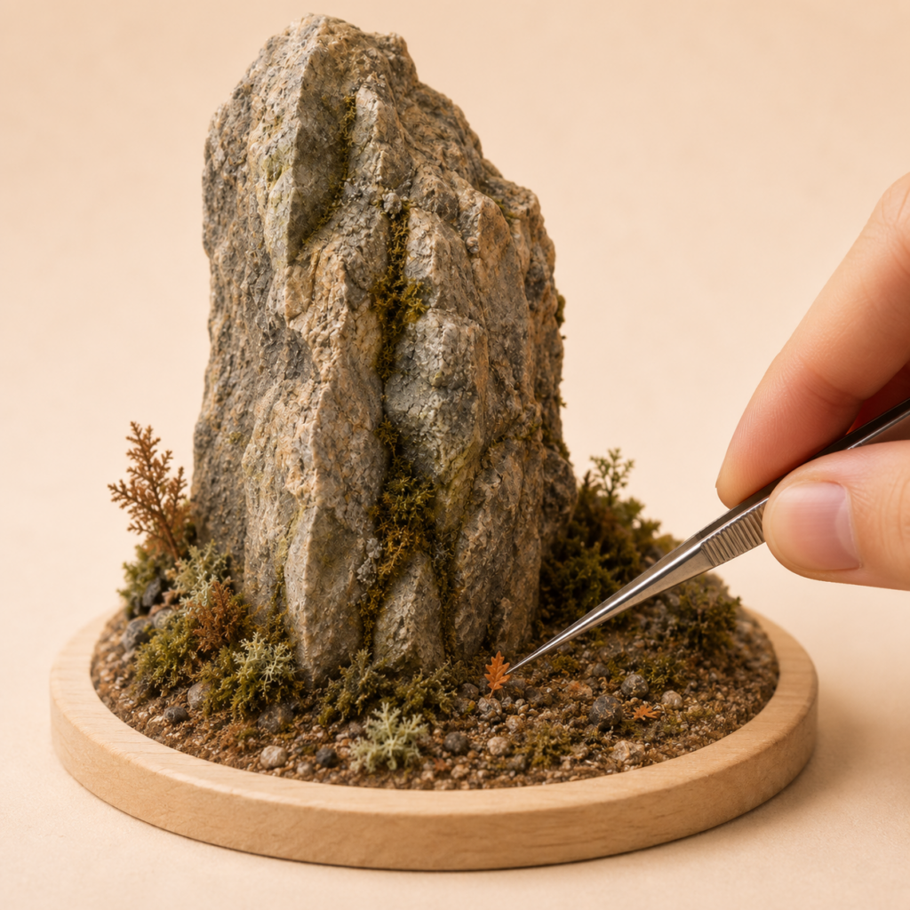 Main déposant une feuille d'automne miniature sur un diorama d'escalade artisanal à l'aide d'une pince de précision.